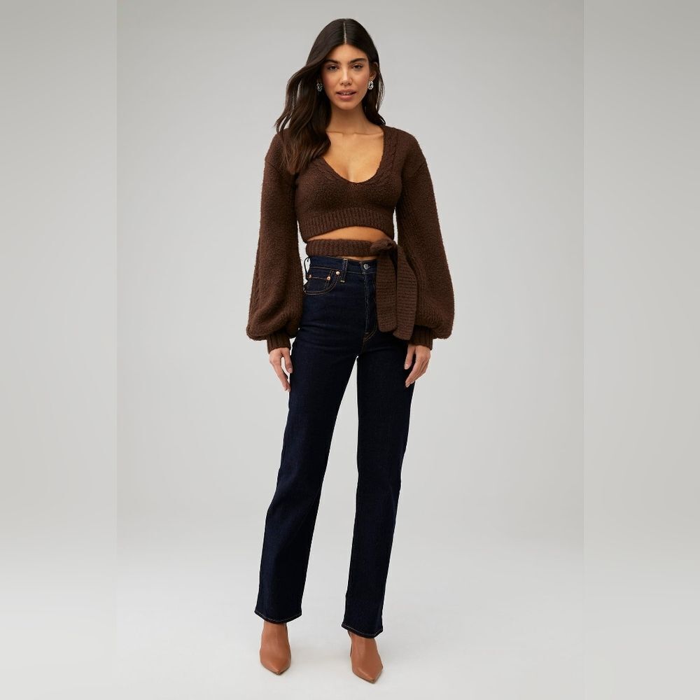 For Love & Lemons Amelia Cropped Sweater in Brown - Size XS